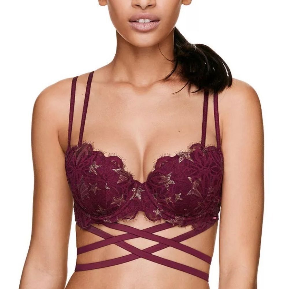 Pink Victoria Secret Date‎ Push-Up Bra Women 34DD Burgundy Gold Star Lace Caged